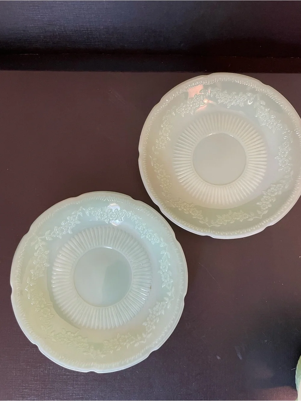 Vintage Jadeite Cups & Saucers Alice Pattern Set of 2 Anchor Hocking Fire King